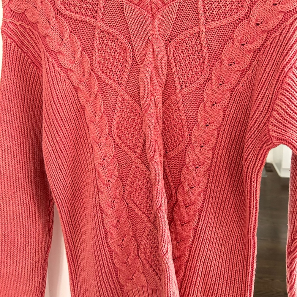Peach colored, V Neck Cable Knit Sweater